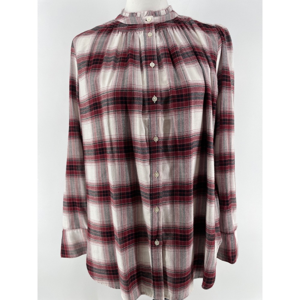 LOFT Plaid Ruffle Neck Flannel Top Womens Medium Burgundy Button Cottagecore - Picture 1 of 8